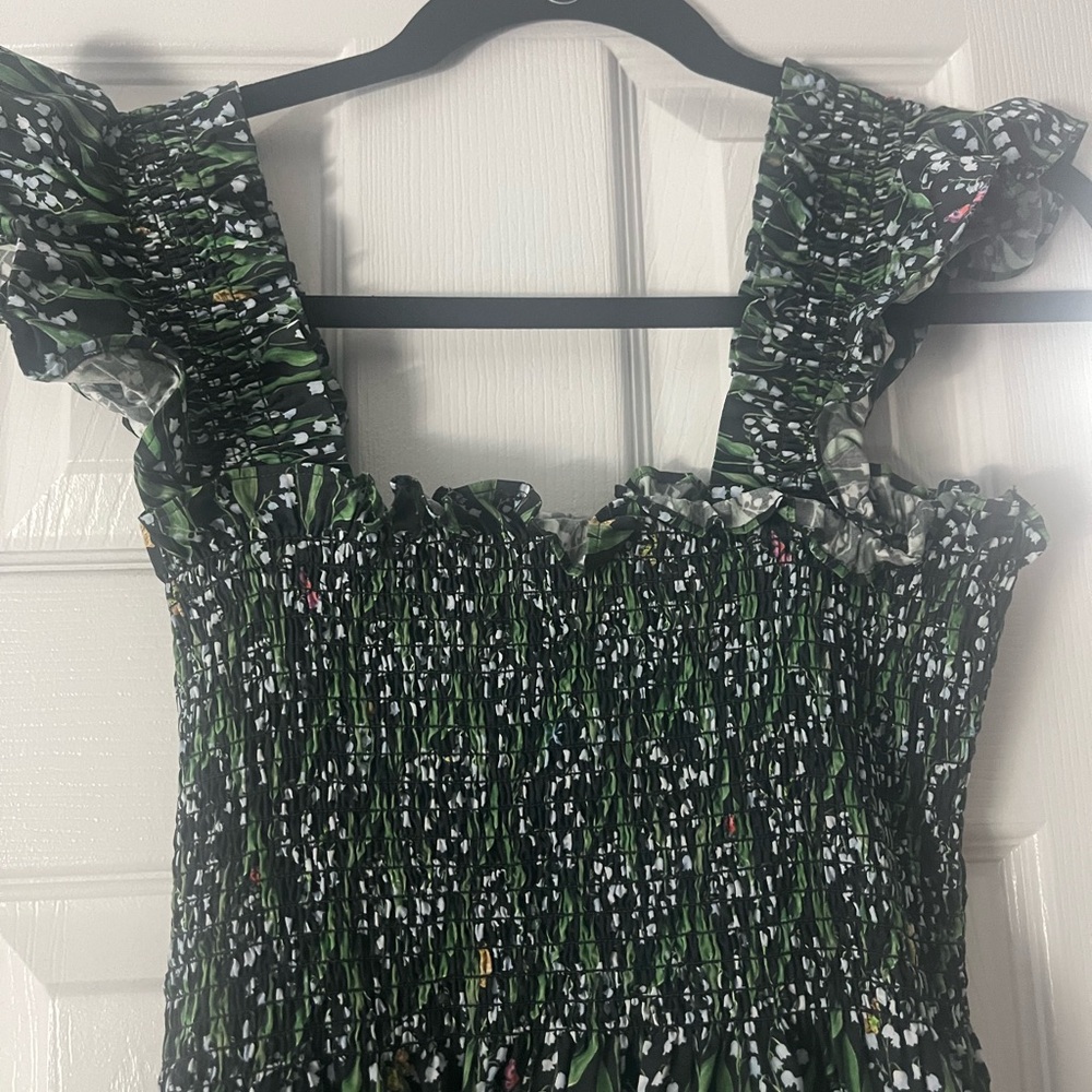 Hill House Green and Black Floral Smocked Midi Dress